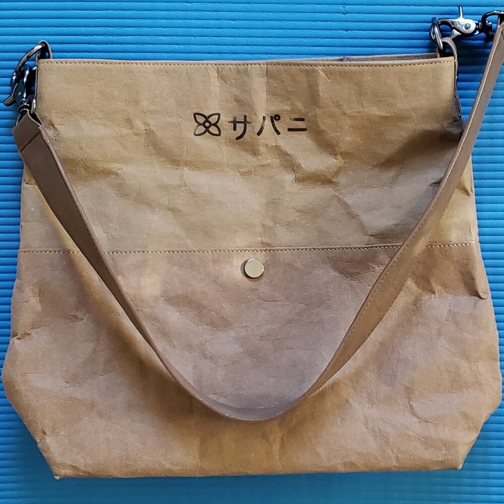Sherpani bag, brown and tan, orange zipper